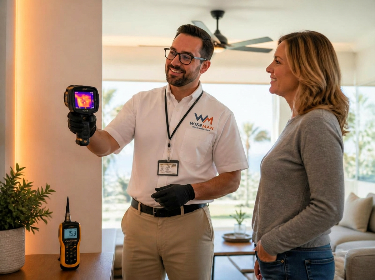 Certified San Diego mold inspector using a thermal imaging camera during a residential mold inspection while the homeowner observes